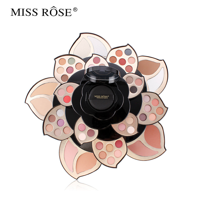 Complete floral makeup set with eyeshadows, blush, and lip colors