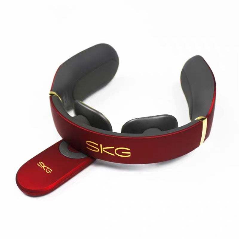 SKG red premium neck massager, SKG neck massager with heat, smart neck therapy device, remote control neck massager, portable electric neck massager, neck pain relief device