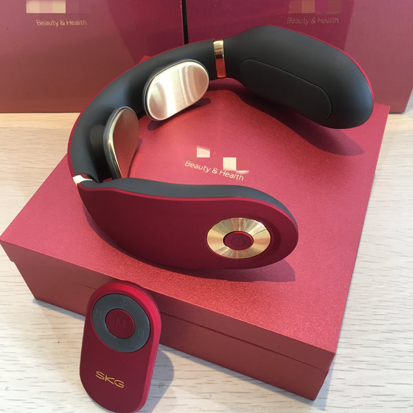 SKG red premium neck massager, SKG neck massager with heat, smart neck therapy device, remote control neck massager, portable electric neck massager, neck pain relief device