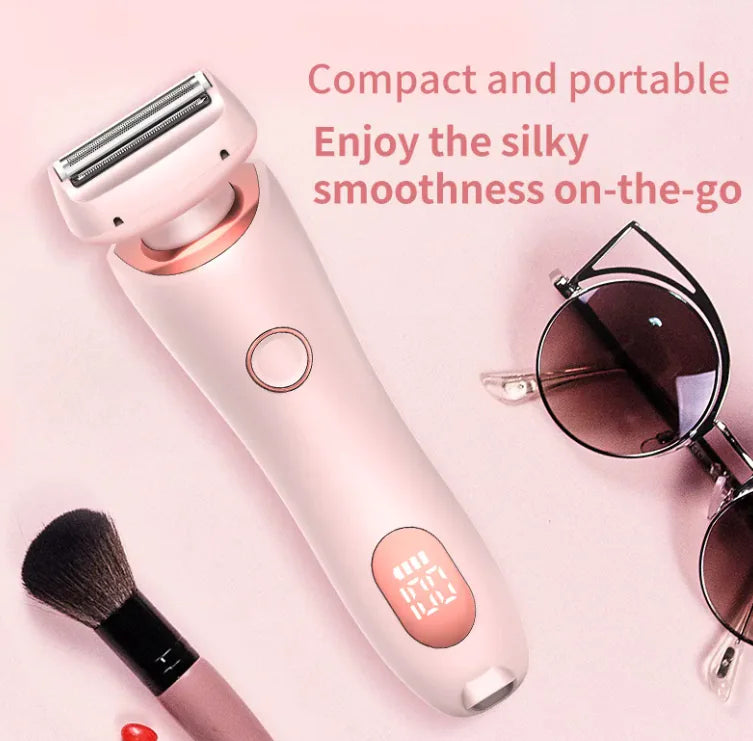 Compact hair removal device with sunglasses and makeup brush on a pink background