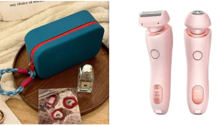 Two pink electric shavers on a white background with a teal case and small items on a wooden surface.