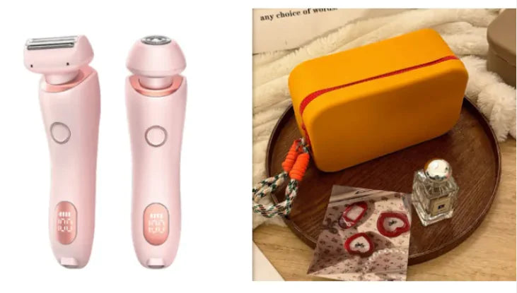 Two pink electric shavers on a white background with an orange travel case on a wooden surface.