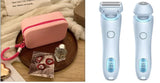 Pink case with a candle and decorative item, followed by two blue electronic devices on a white background.