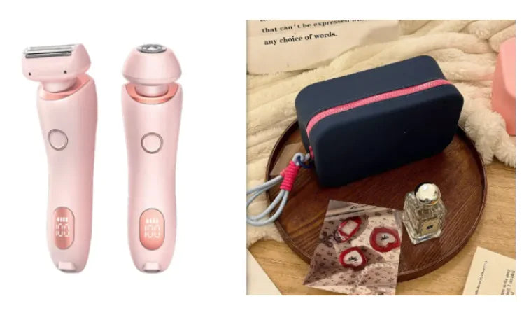 Pink electric shaver with black carrying case on a wooden tray