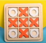 Wooden tic-tac-toe game with red 'X' and white 'O' pieces on a yellow and blue background