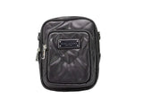 Black quilted pouch with a brand logo on a white background