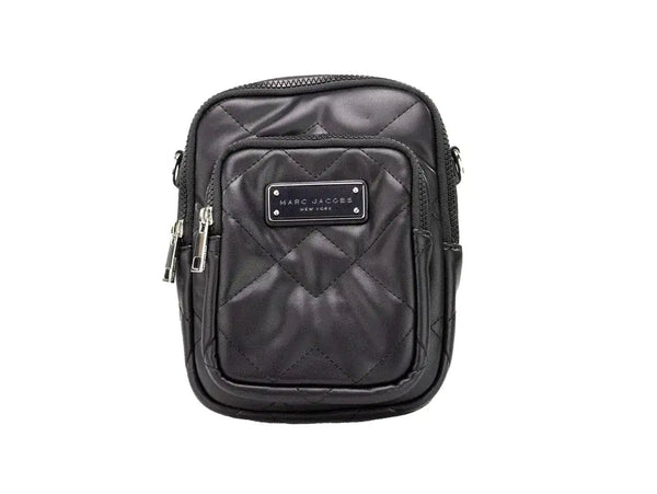 Black quilted pouch with a brand logo on a white background