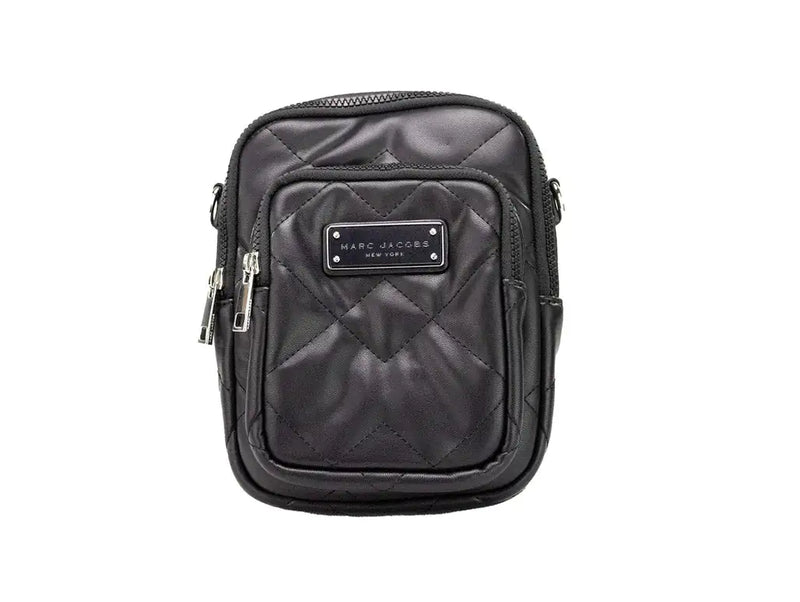 Black quilted pouch with a brand logo on a white background